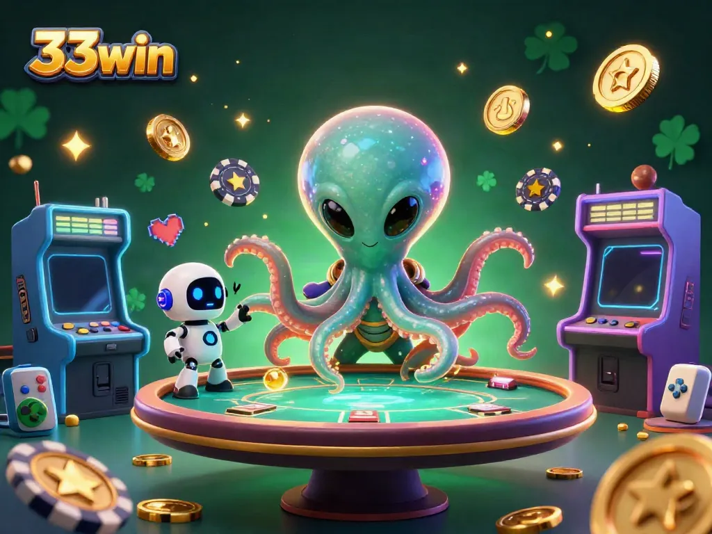 Experience the thrill of gaming with the intergalactic poker scene featuring 33win's octopus and robot!