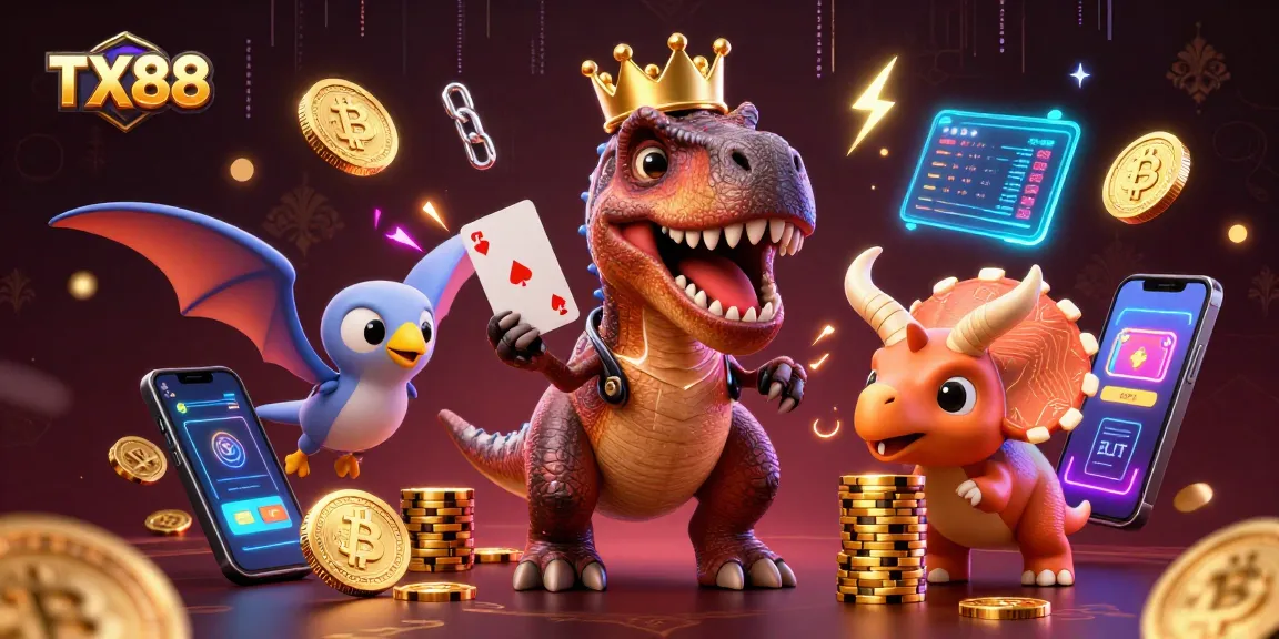 Win big with TX88 as a T-Rex card dealer and friends playfully managing a colorful casino!