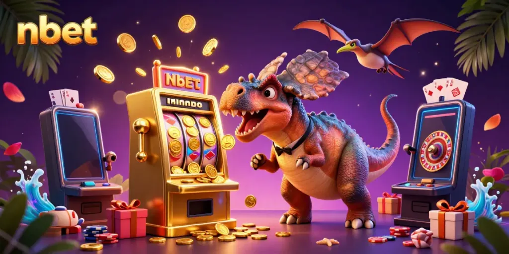 Experience nbet’s thrilling jackpot scene with dinosaurs, coins, and casino games in action.