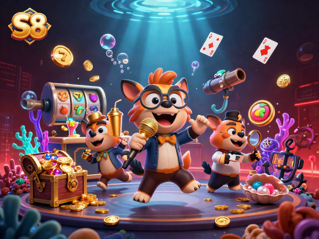 S8 casino hyenas perform comedy, mixing drinks, and checking IDs in a vibrant underwater themed gaming scene.