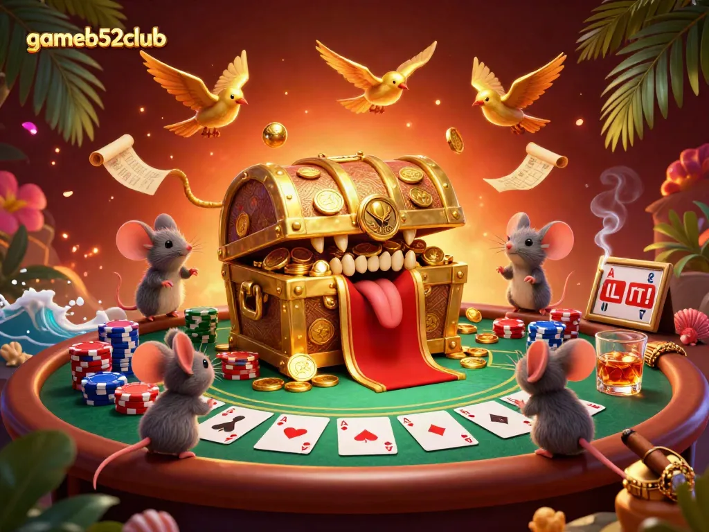 Engage in the exciting world of gameb52club with a vibrant illustration featuring a golden treasure chest tempting adventurer mice, surrounded by poker elements.