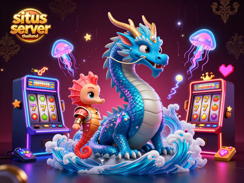 Sparking excitement with situs slot server thailand, a vibrant scene of casino slot machines, a dragon, and a seahorse knight.