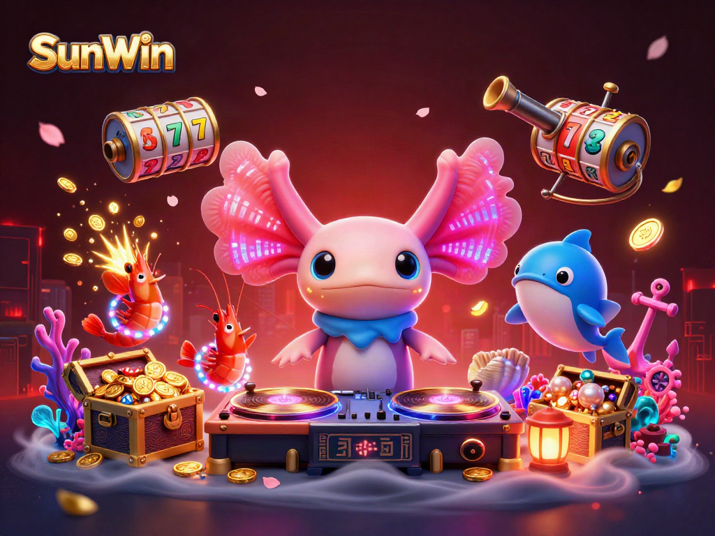 Win big with SunWin at this vibrant casino illustration showcasing underwater slot reels and energetic characters.