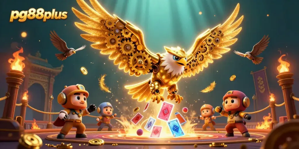 Experience thrilling moments with pg88plus through a dynamic illustration of cybernetic eagles and casino elements.