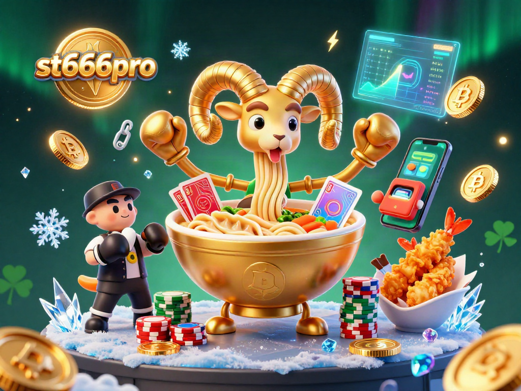 Engage with st666pro's vibrant casino scene featuring a playful ramen bowl dealer amidst crypto coins and dynamic game elements.