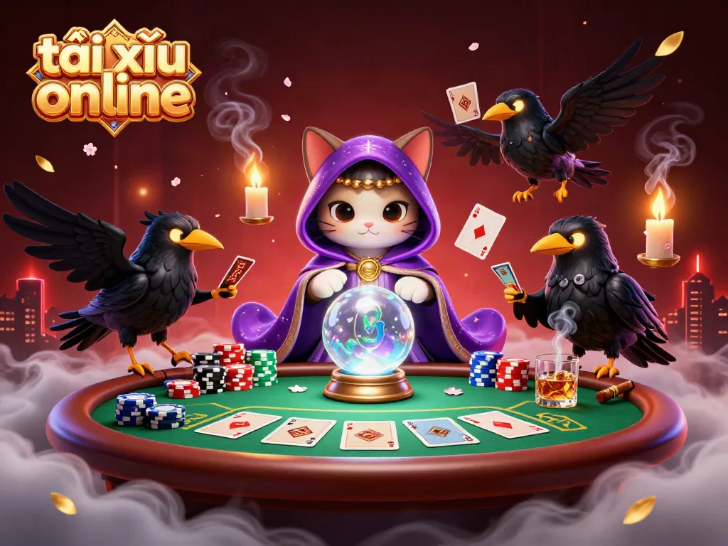 Tài xỉu online action scene with a fortune teller cat and tarot raven, surrounded by poker elements