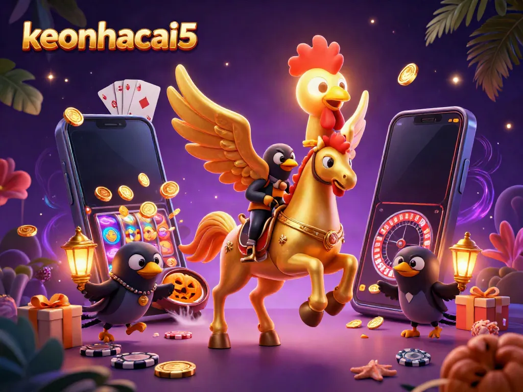 Betting on keonhacai5 with action-packed casino characters in a vibrant setting.