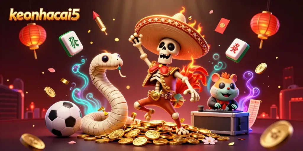 Bet on sports effortlessly with keonhacai5 showcasing a lively scene of animated casino characters celebrating on a treasure of coins.