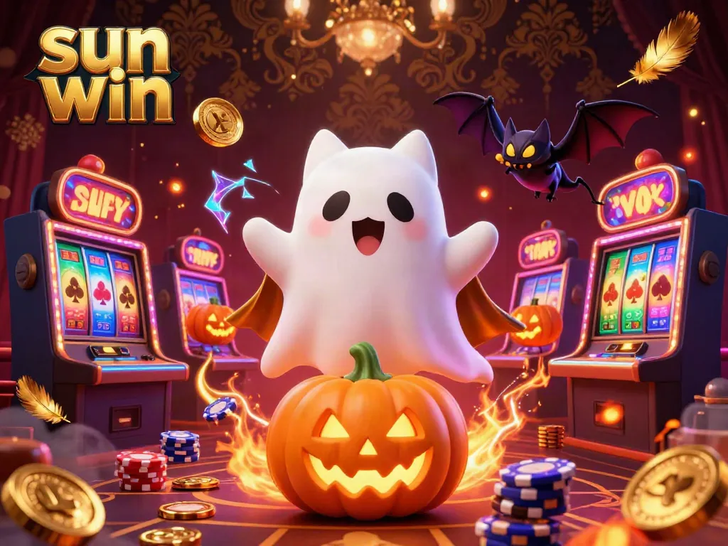 Experience thrilling slots with sun win, featuring ghostly characters and vibrant casino elements.