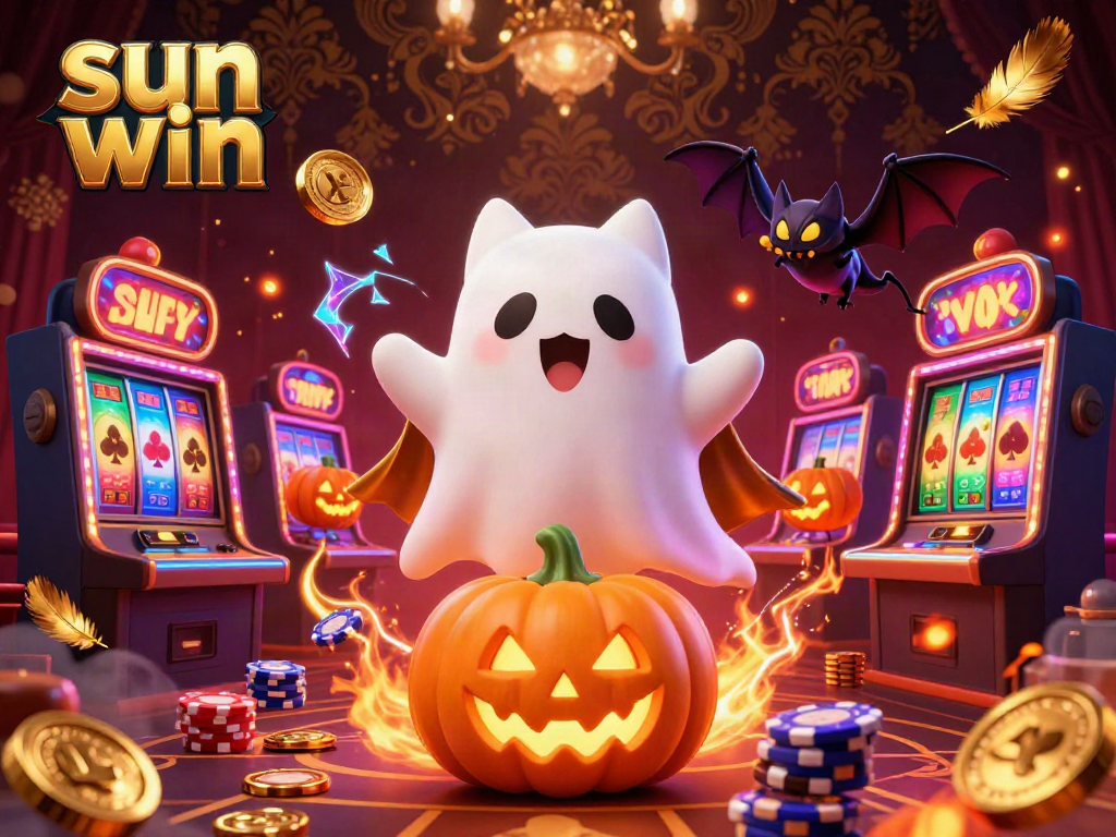 Experience thrilling slots with sun win, featuring ghostly characters and vibrant casino elements.
