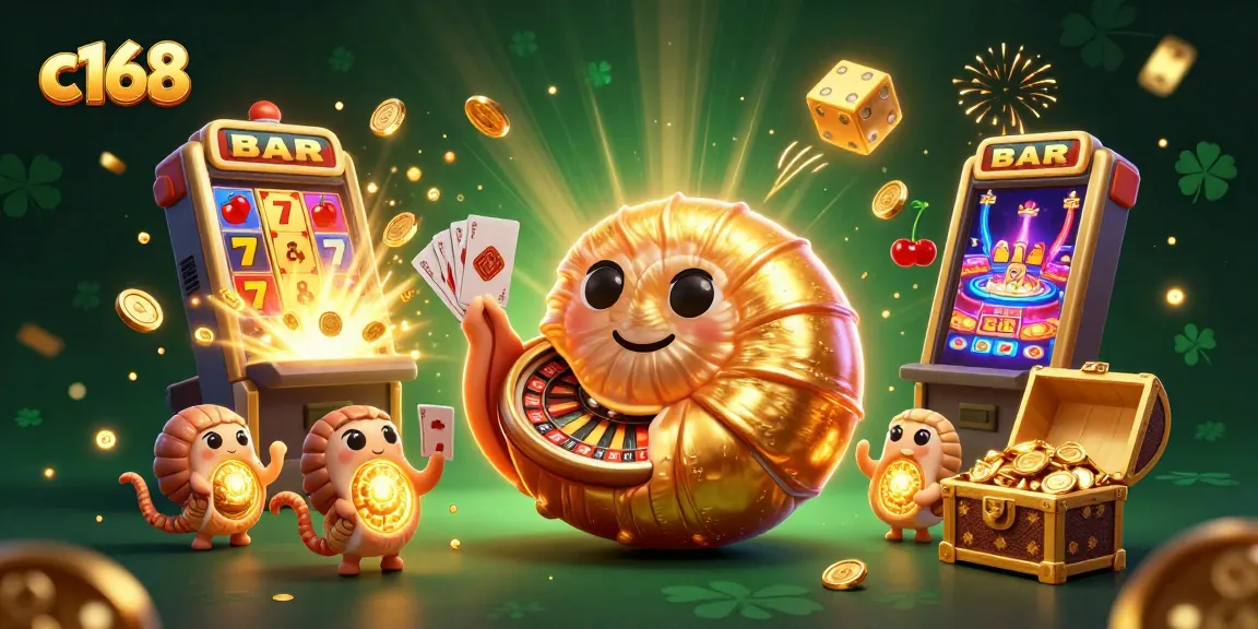 Experience c168's dazzling gaming adventure with a glowing nautilus and slot machines bursting with treasures.