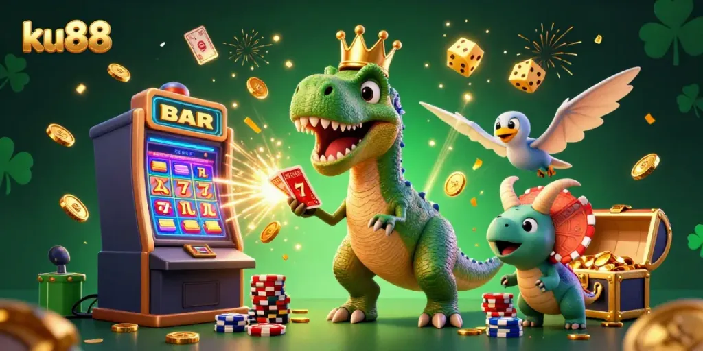 Engage in exciting games at ku88 with a vibrant 3D illustration of friendly dinosaurs and casino elements.