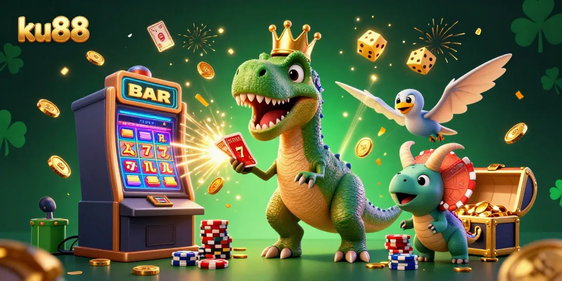 Engage in exciting games at ku88 with a vibrant 3D illustration of friendly dinosaurs and casino elements.