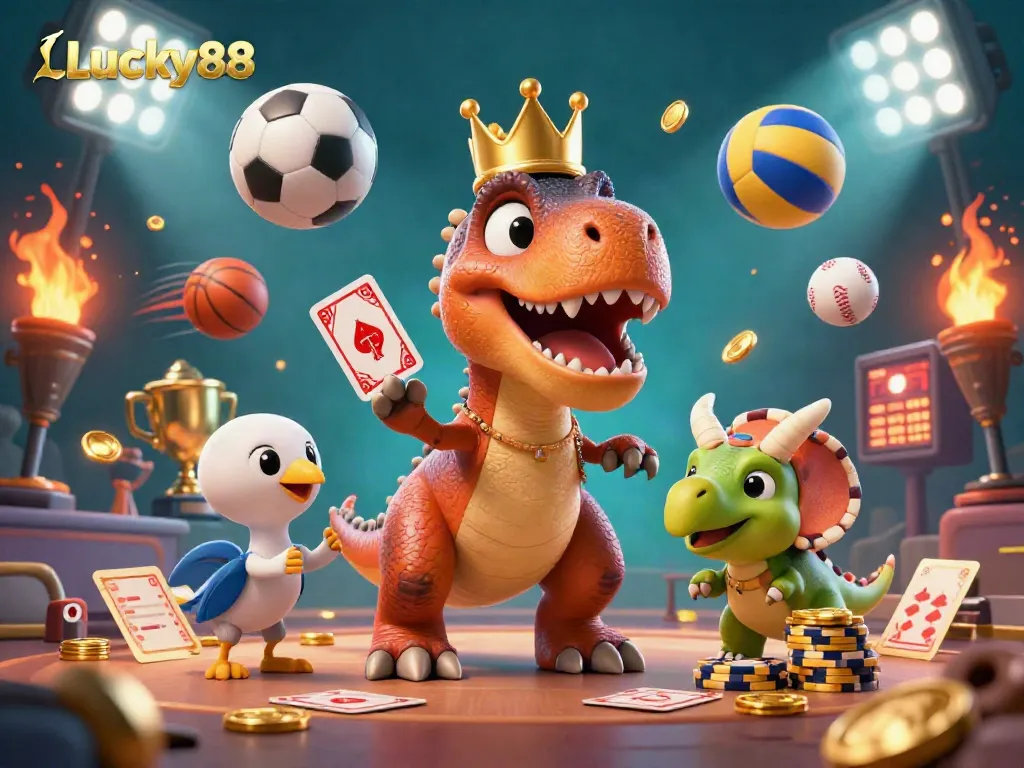 Engage in dynamic betting action with Lucky88 in a vibrant casino scene featuring a T-Rex, pterodactyl, and triceratops.