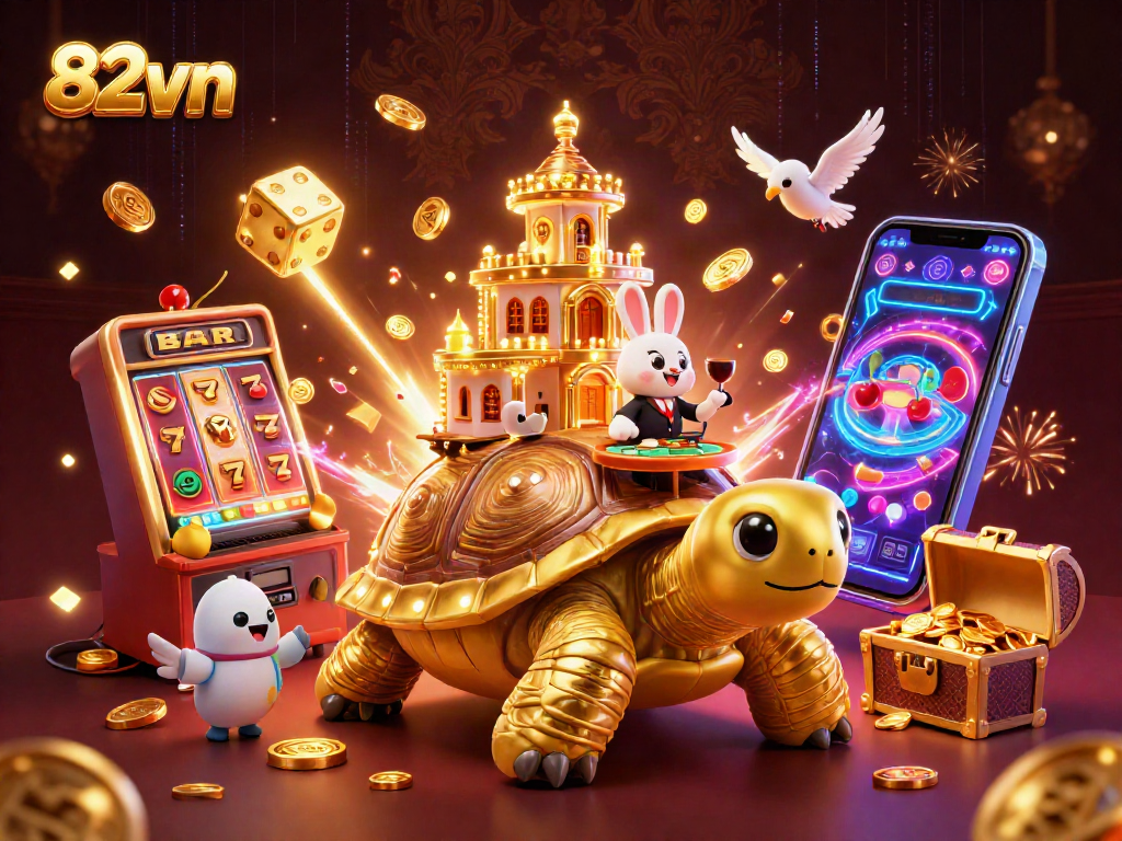 Experience vibrant gameplay and fun at 82vn with a dazzling casino scene featuring golden tortoise and slots.
