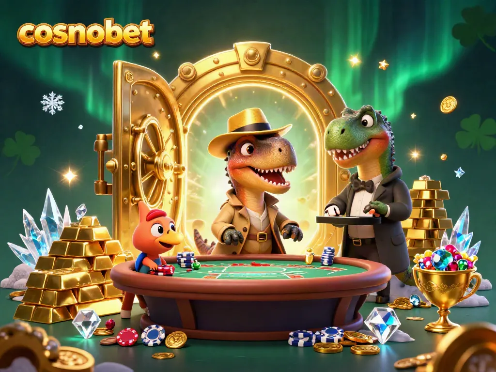 Experience the thrill of cosmobet with a vibrant 3D illustration of animated dinosaurs in a high-stakes casino.