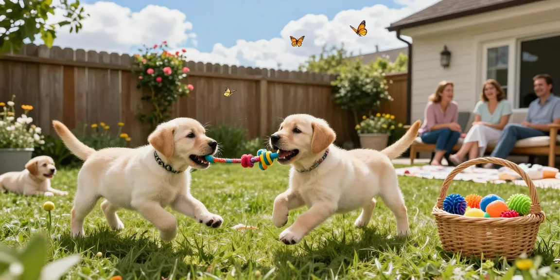 Labrador retriever puppies playing in a sunny backyard with toys.