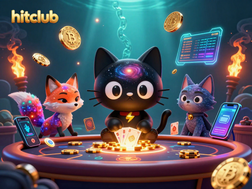 Engage in thrilling hits at Hitclub with a cosmic casino experience featuring cartoon characters and digital currency.