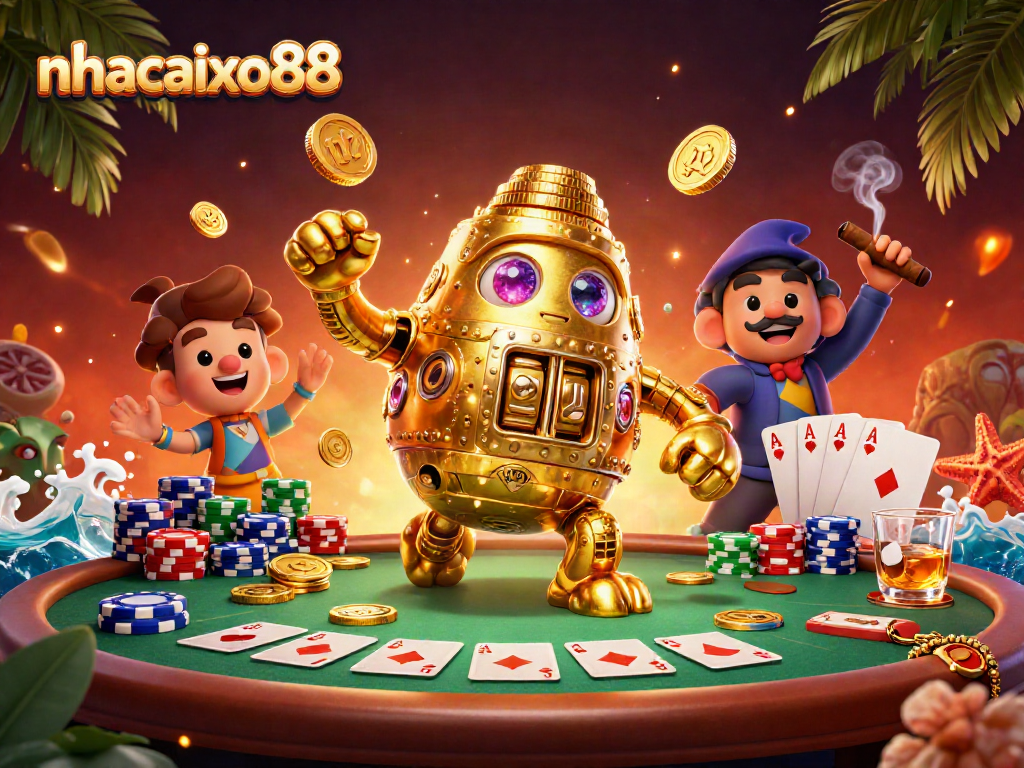 Engage with nhacaixo88's vibrant casino scene, featuring a gold golem and poker table action.