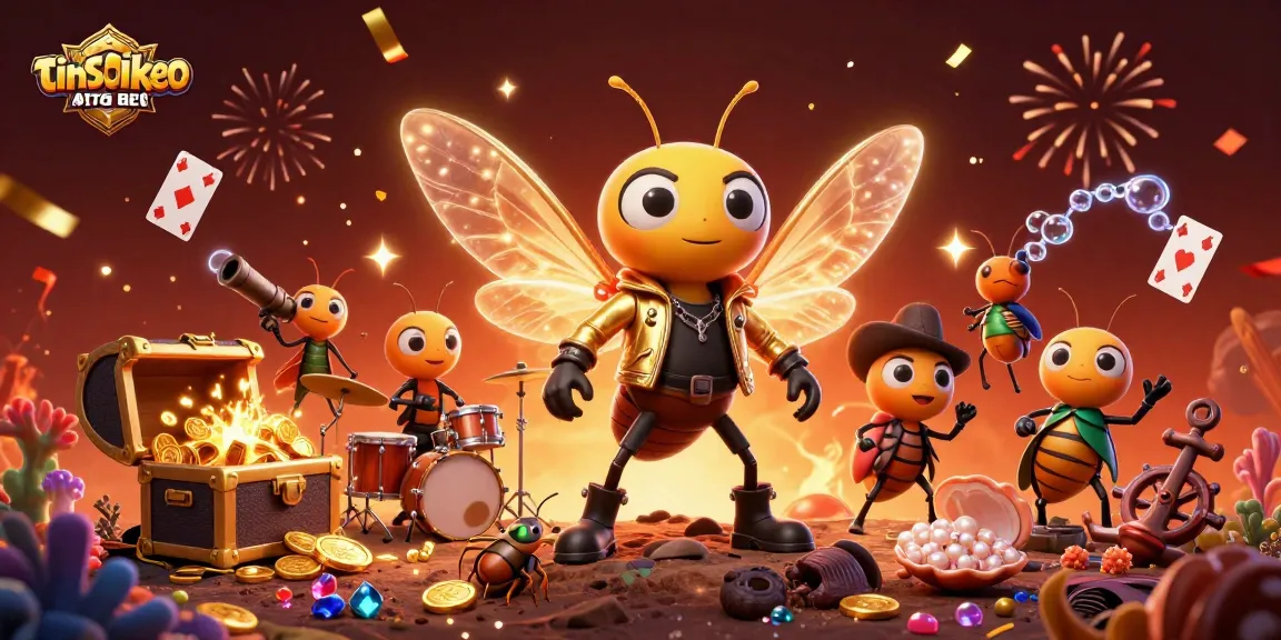Engage with tinsoikeo's vibrant casino energy featuring a rock star cicada amidst a treasure-filled scene.