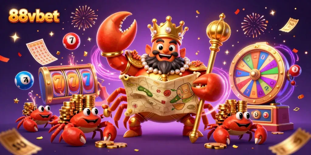 Engage with the vibrant gameplay of 88vbet featuring a golden crab emperor and lively casino elements.