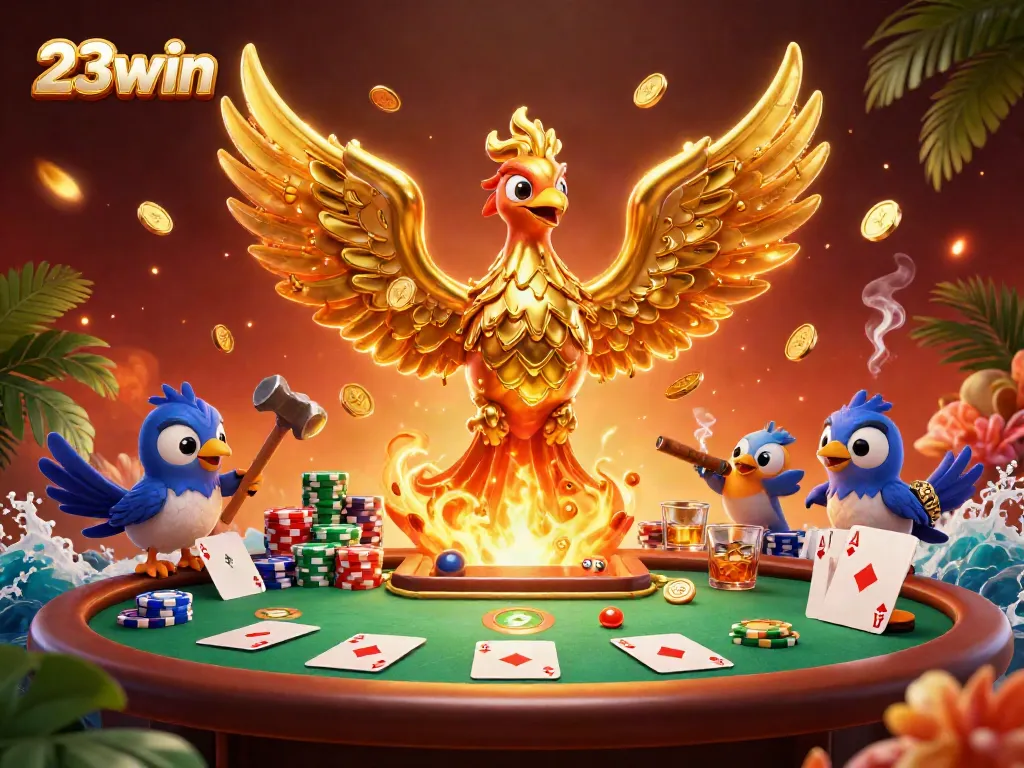 Experience the thrill of 23win with a golden phoenix and poker elements in a vibrant casino scene.