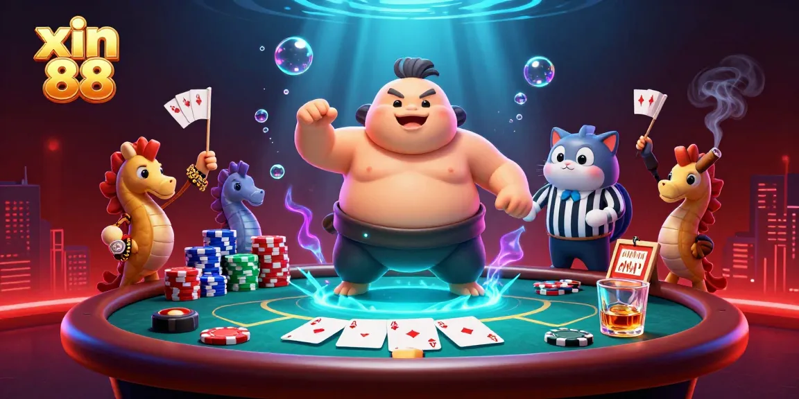 Join the excitement with xin 88 as the fugu sumo wrestles at an underwater poker table filled with colorful chips.