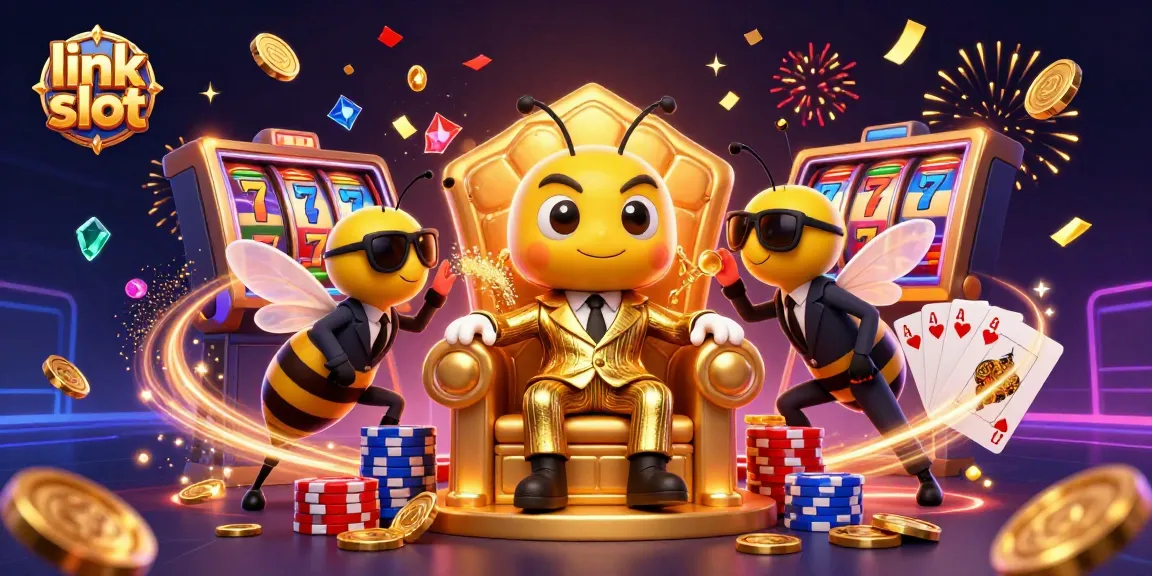 Experience the thrill of link slot with a bumblebee mob boss in a vibrant casino scene filled with winnings.
