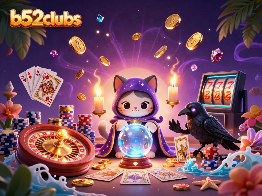 Experience thrilling gaming at b52clubs with a mystical cat, raven, and vibrant casino elements.