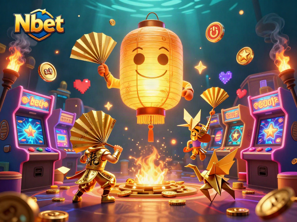 Nbet illuminates a vibrant casino scene with a glowing lantern spirit and golden companions, showcasing engaging game elements.