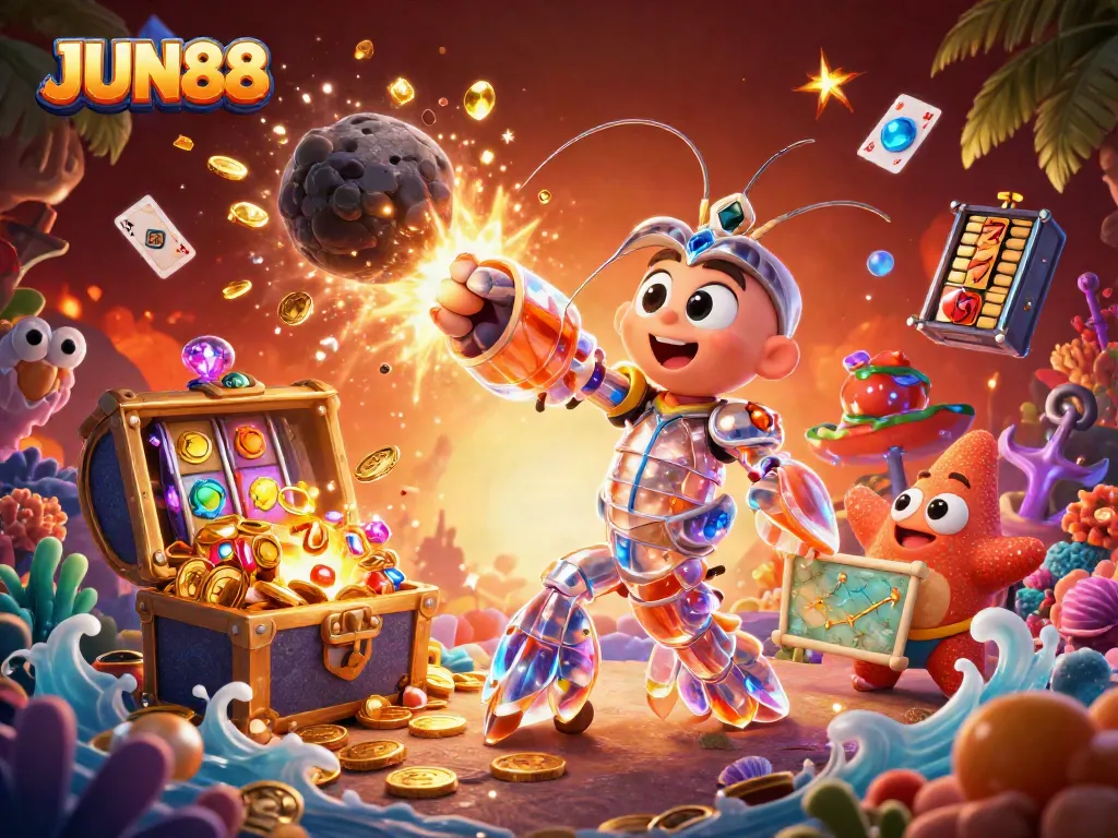 Experience thrilling JUN88 gaming with dynamic scenes of treasure and excitement.