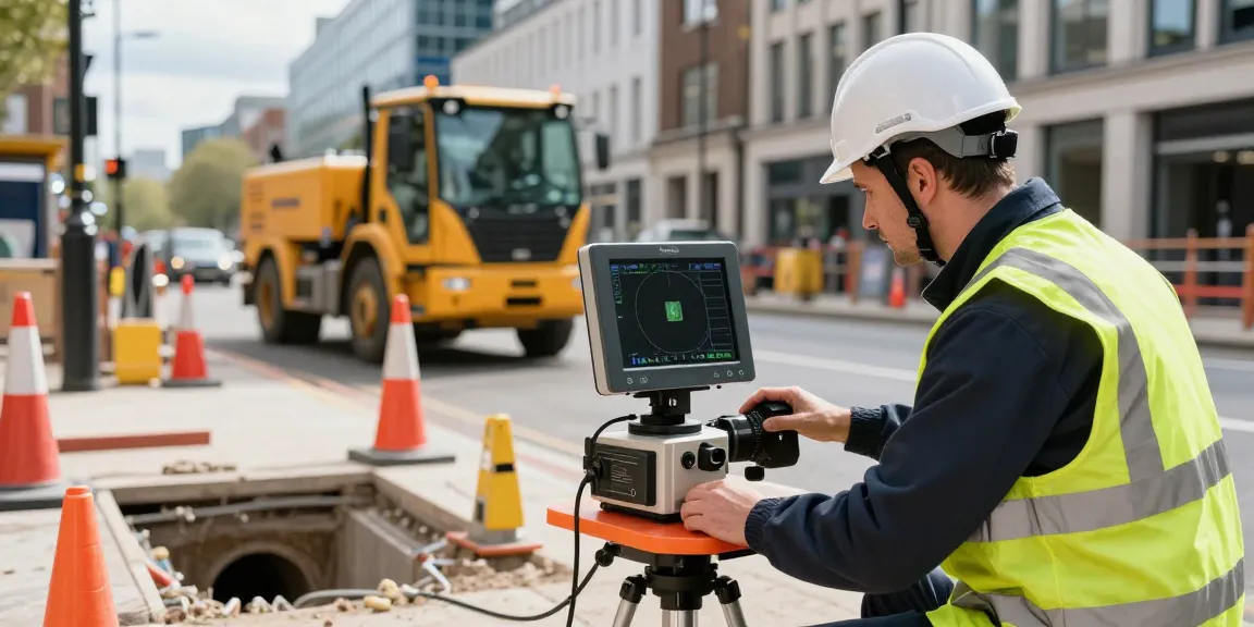 Buried Services Detection London technician using ground-penetrating radar at a construction site