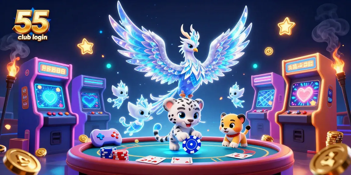 Engage with the thrilling 55 club login experience featuring vibrant casino elements and playful characters.