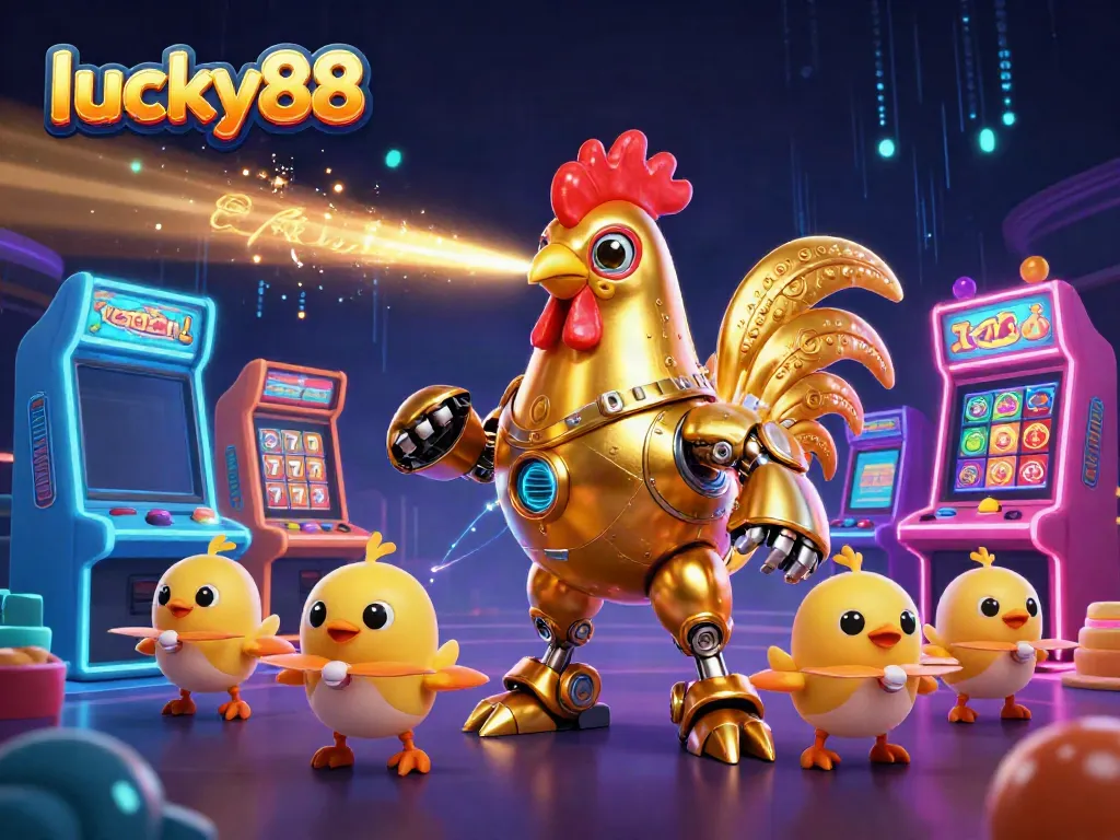 Experience thrilling gameplay with lucky88 in a vibrant 3D casino scene featuring a golden rooster robot and arcade elements.