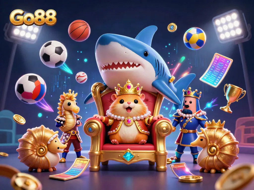 Experience thrilling gameplay at Go88 with an engaging gaming scene featuring a golden hamster king and vibrant sports elements.