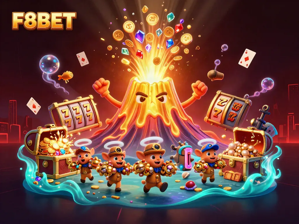 Experience thrilling jackpots and treasures with F8BET's exciting casino adventure illustration.