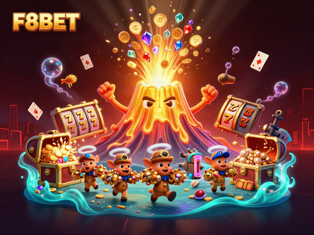 Experience thrilling jackpots and treasures with F8BET's exciting casino adventure illustration.