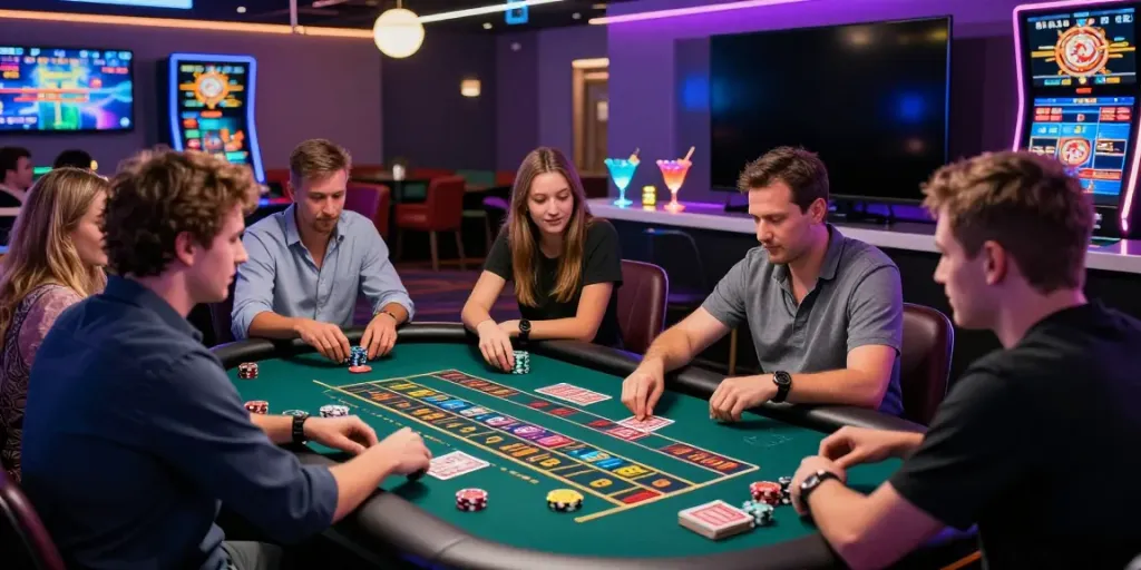 Exciting scene of players enjoying games at new non gamstop casinos, vibrant roulette table with chips and cards.