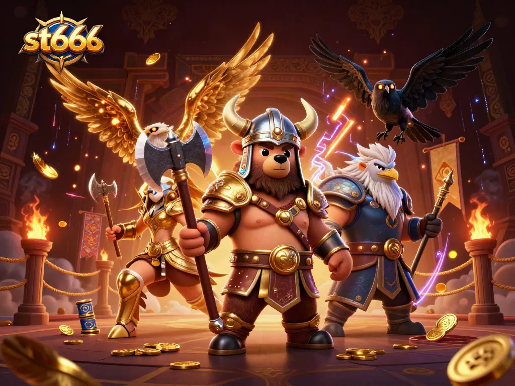 Experience the excitement at st666 with golden coins and dynamic characters in a 3D gambling arena.