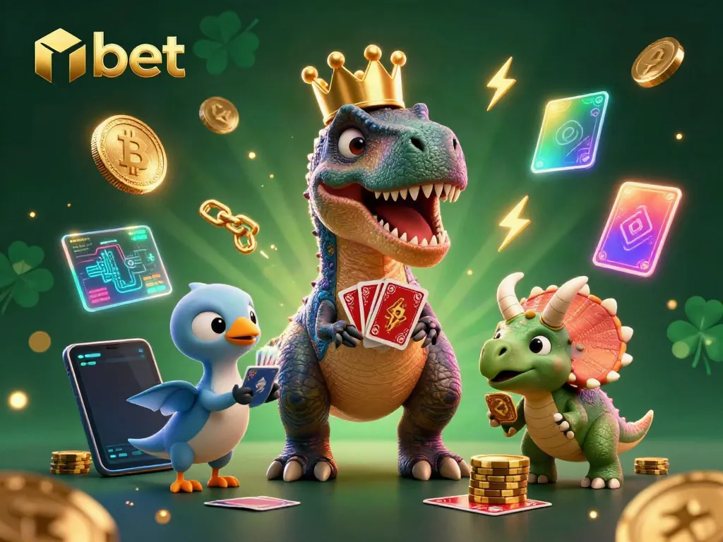 Join the exciting world of nbet as playful dinosaur characters shuffle cards and stack chips in a vibrant casino scene.