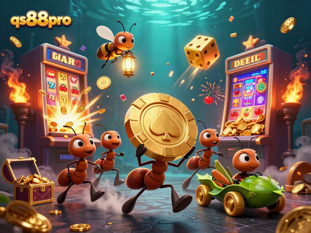 Experience an exciting heist at qs88pro, featuring a team of cartoon ants, golden chips, and exploding jackpots.