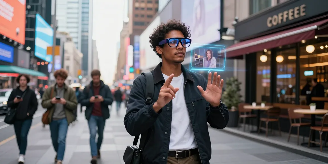 Individual using smart glasses for a virtual meeting in an urban setting.