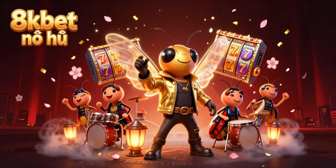 Transform your luck with 8xbet nổ hũ in a vibrant slot game scene featuring our rock star cicada.
