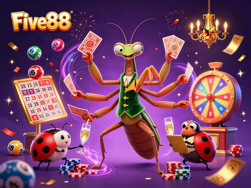 Five88 showcases a vibrant casino scene with a giant card sharp and a ladybug pit boss amidst a dynamic lottery celebration.
