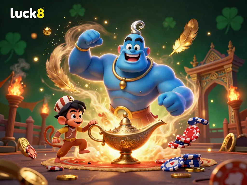 Experience the thrill of luck8 with a vibrant 3D illustration of a genie and poker chips.