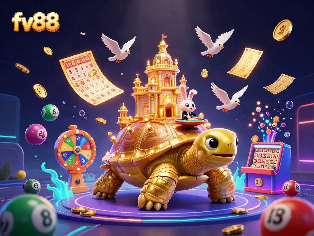 Join the excitement at fv88 with a vibrant 3D illustration showcasing a unique casino experience filled with riches.