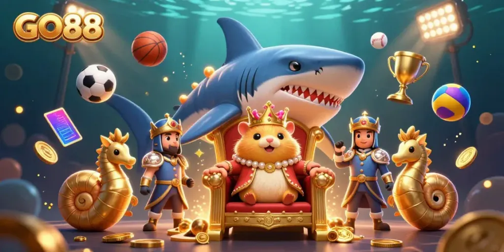 Engage with GO88's vibrant 3D casino scene featuring a golden hamster king amid dynamic sports betting elements.