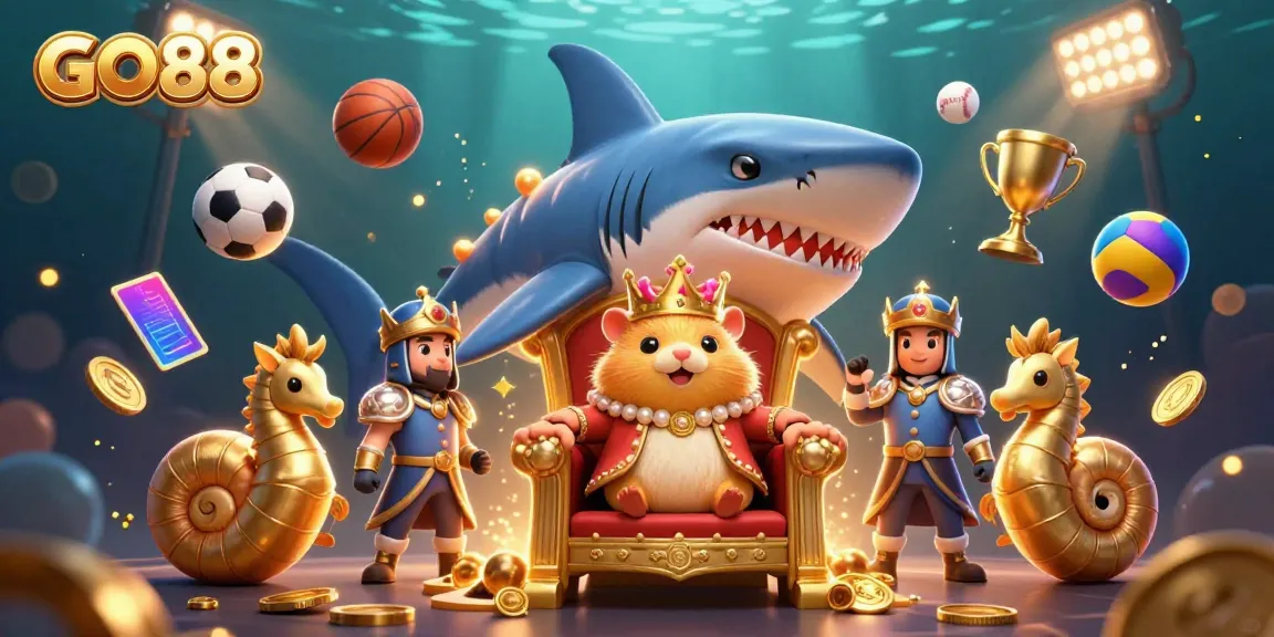 Engage with GO88's vibrant 3D casino scene featuring a golden hamster king amid dynamic sports betting elements.