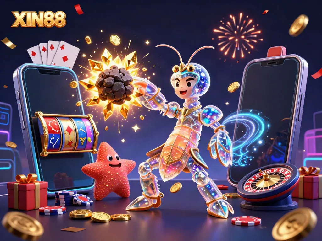XIN88 showcases a vibrant scene with a galactic mantis shrimp and starfish amid casino elements, illustrating dynamic gaming action.