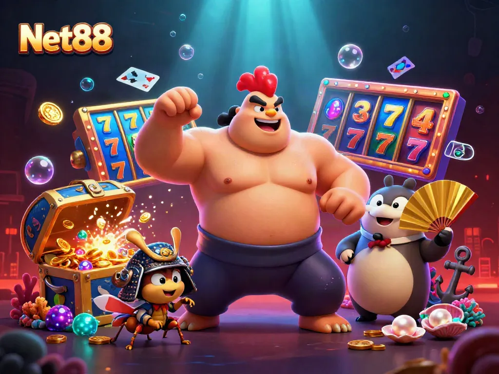 Net88 thrilling slot experience featuring a powerful rooster, diminutive cricket in samurai helmet, and announcer with fan.
